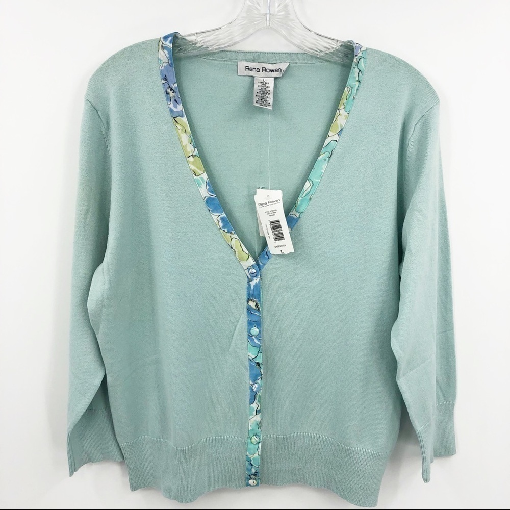 New Rena Rowan Women's L Aqua Green Silk Long Sleeve Cardigan with Artsy Print - Picture 2 of 7